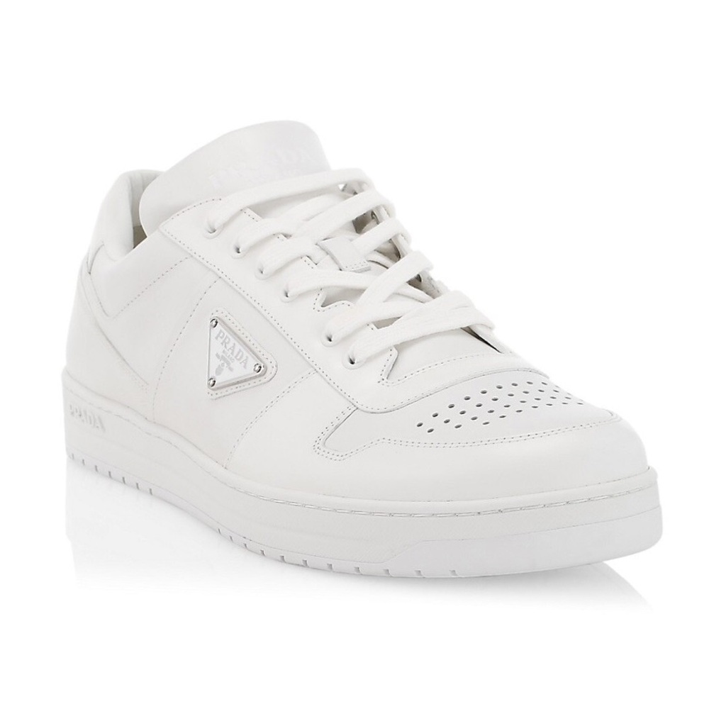 PRADA DOWNTOWN LEATHER ALL WHITE LOGO SNEAKERS